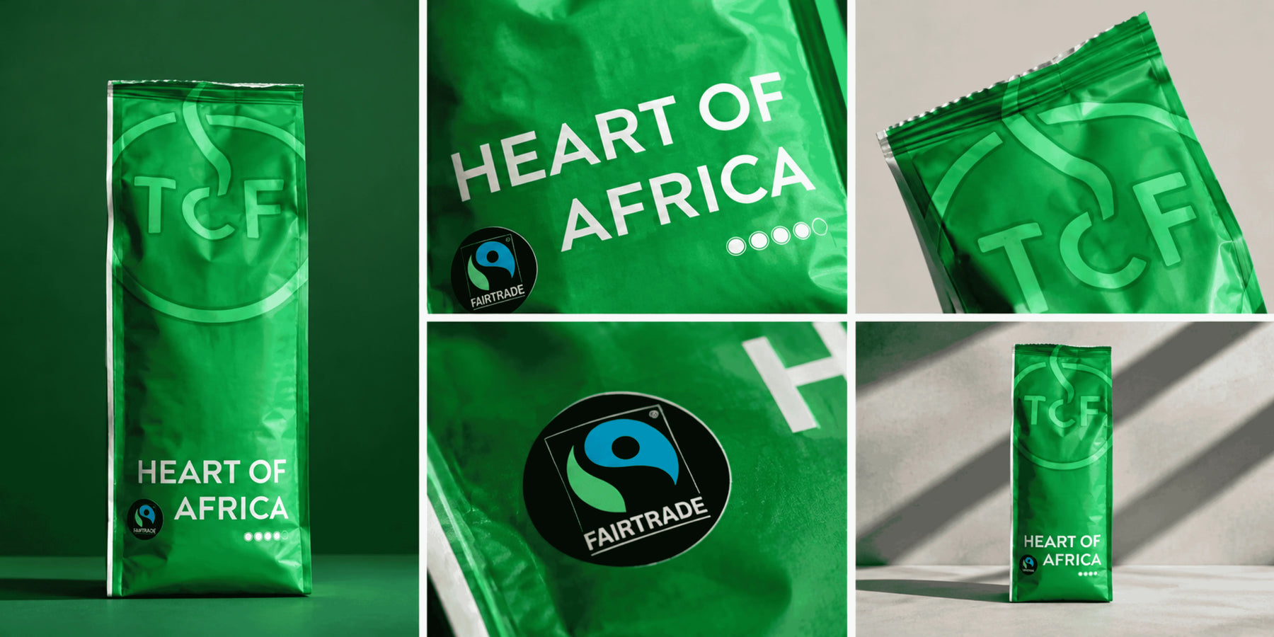 Collage van vijf foto's van de groene koffieverpakking Heart of Africa van The Coffee Factory, met het TCF-logo en het Fairtrade-keurmerk, gefotografeerd in zonlicht tegen een groene en een lichte achtergrond.